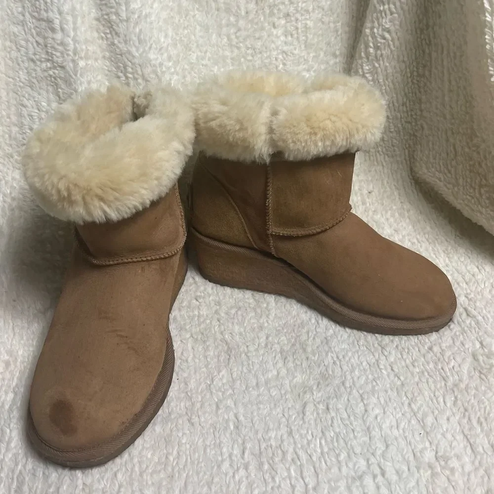 Kookaburra leather suede Tan Fur-Lined Ankle wedge slip on Boots SZ9